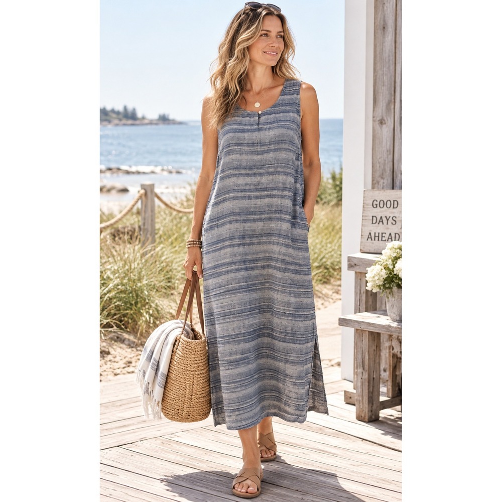 J. Jill Pure Jill Women's Slub Woven Stripe Linen Maxi Dress Pocket Coastal XS